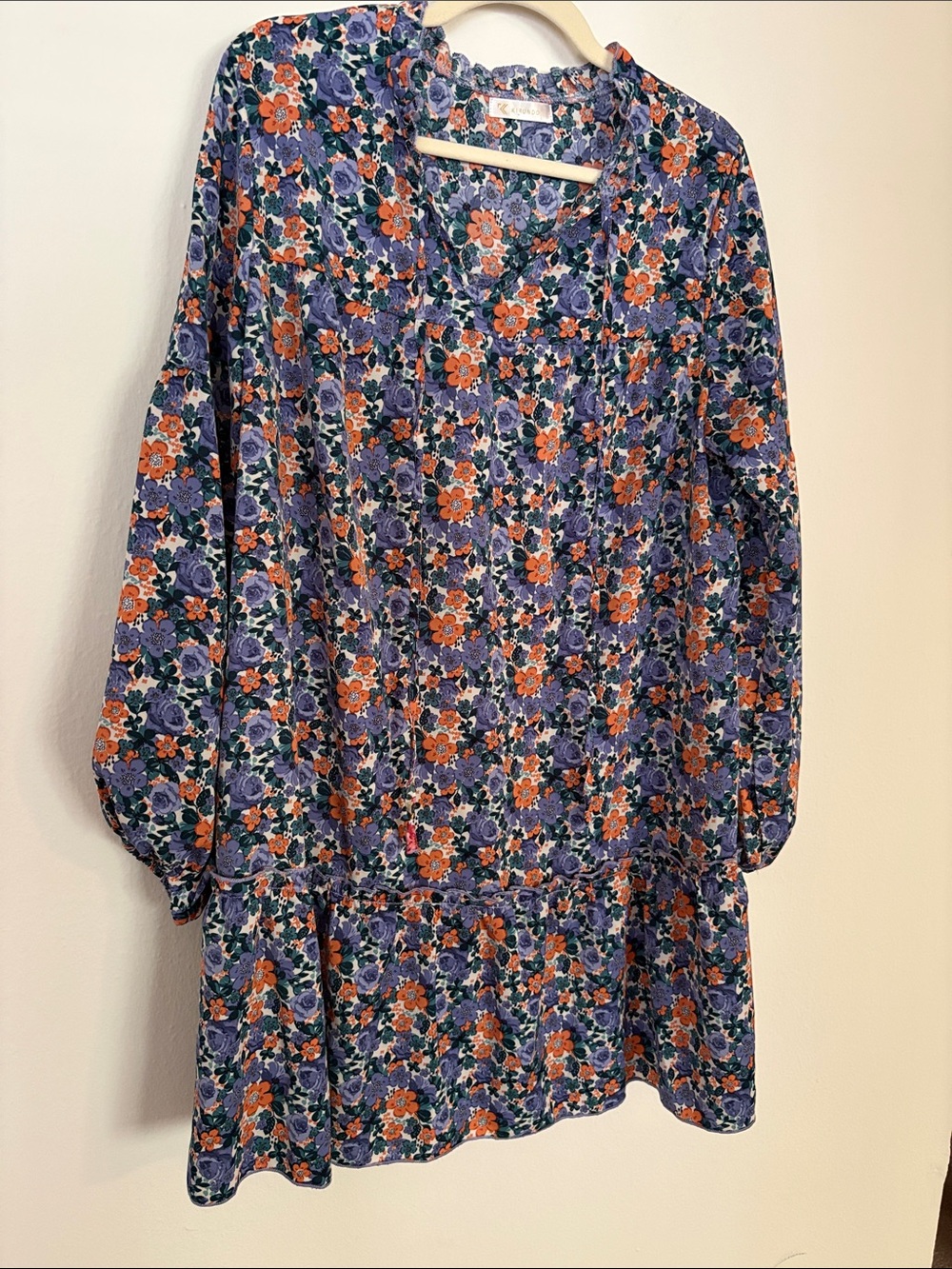 Floral Long Sleeve Tiered Mini Dress - Purple/Orange